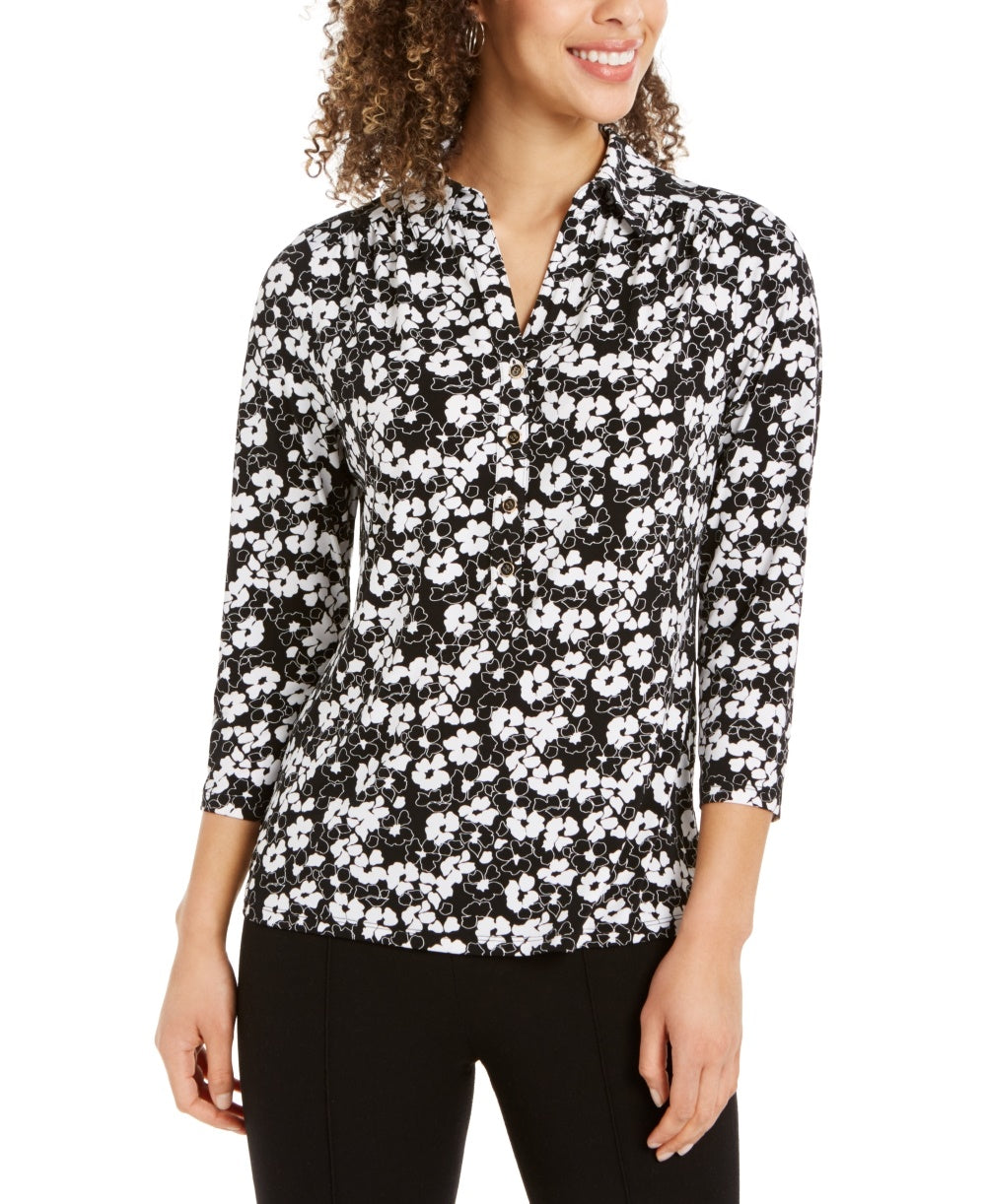 Charter Club Women's 3/4 Sleeve Printed Polo Top Black Size Large