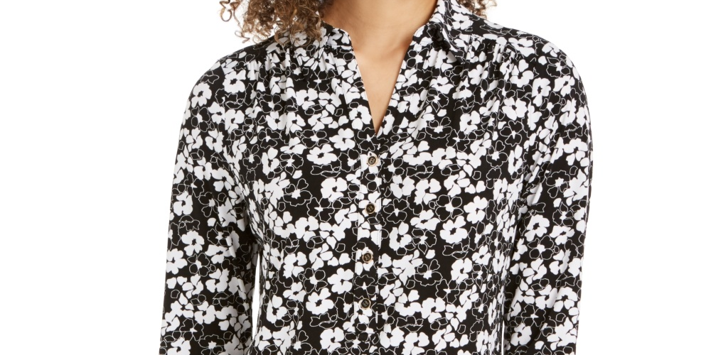 Charter Club Women's 3/4 Sleeve Printed Polo Top Black Size Large