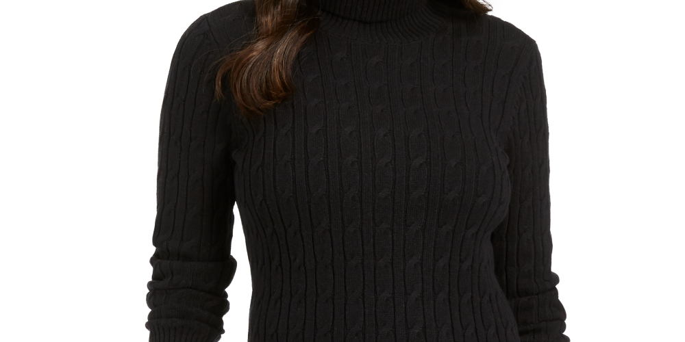 Charter Club Women's Petite Cable-Knit Turtleneck Sweater Black Size Petite Small