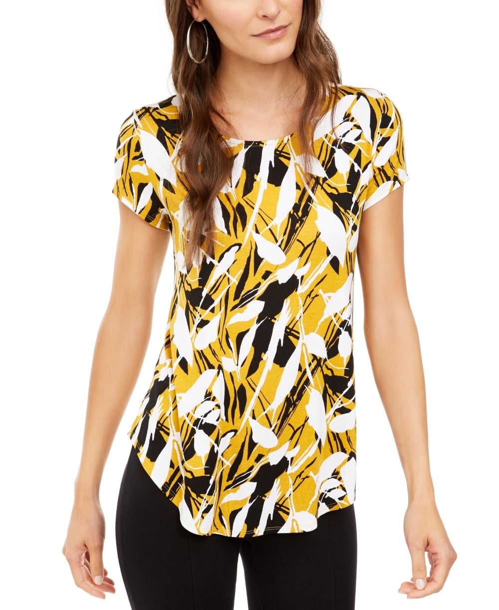 Alfani Women's Printed Round Hem T Shirt Yellow Size Petite Small