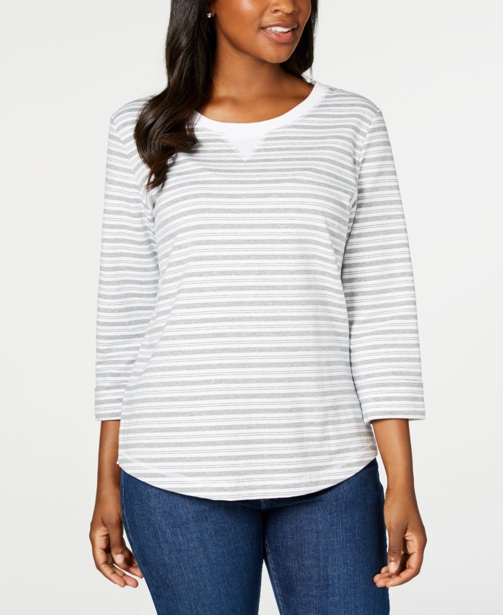 Karen Scott Women's Striped 3/4 Sleeve Sweatshirt  Gray Size PS