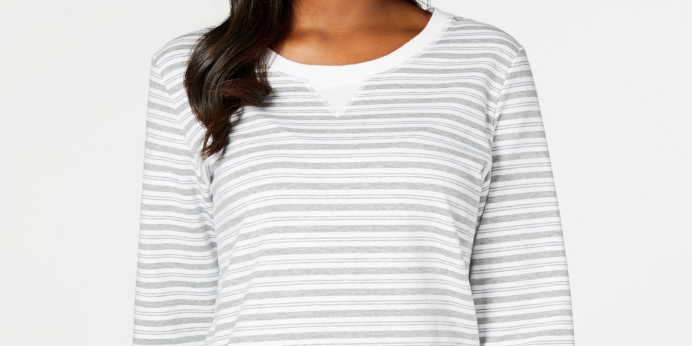 Karen Scott Women's Striped 3/4 Sleeve Sweatshirt  Gray Size PS