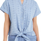 Charter Club Women's Cotton Embroidered Tie Front Shirt Blue Size -S