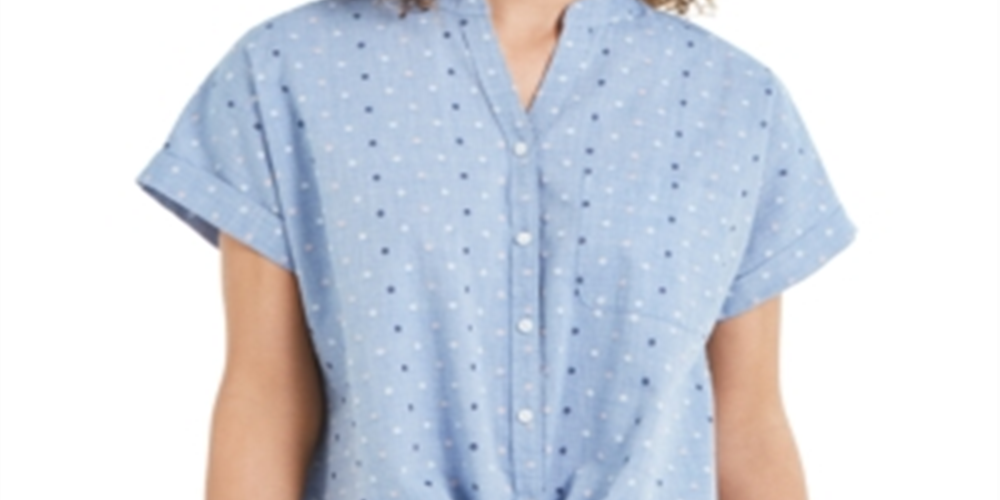 Charter Club Women's Cotton Embroidered Tie Front Shirt Blue Size -S