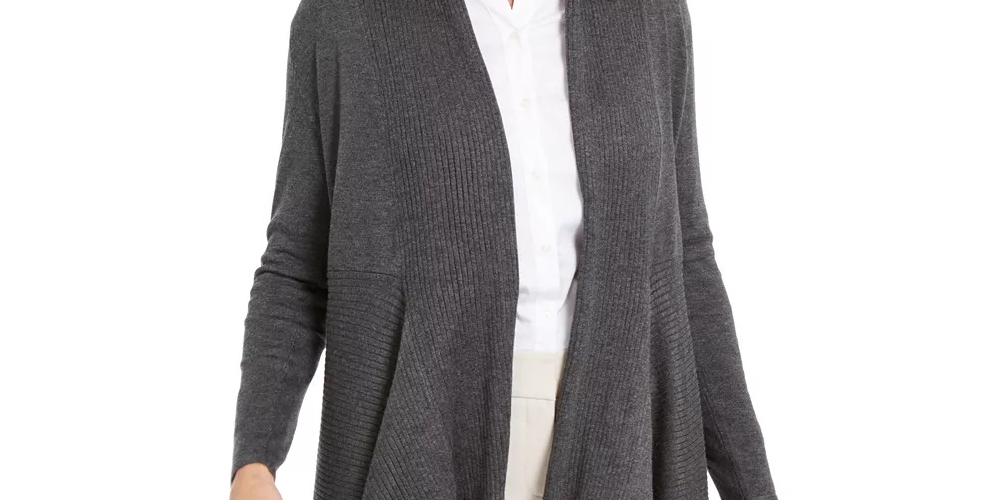 JM Collection Women's Ribbed Handkerchief-Hem Cardigan Grey-Size Medium
