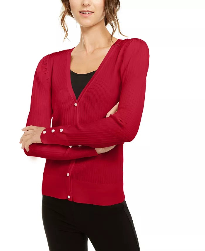 INC International Concepts Women's Petite Puff-Sleeve Cardigan Red Size PS