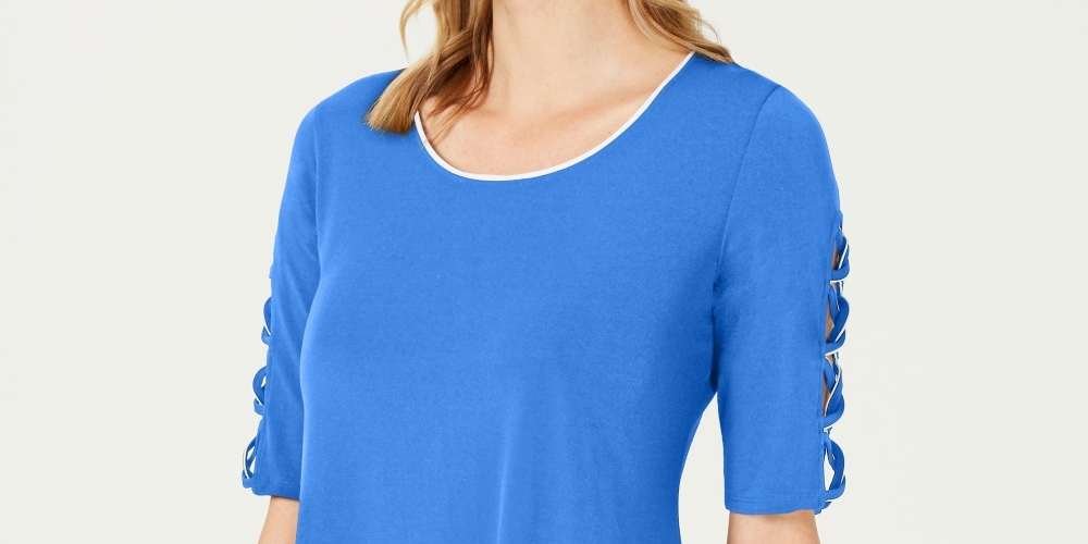 JM Collection Women's Braided Sleeve Tunic Blue Size  PL