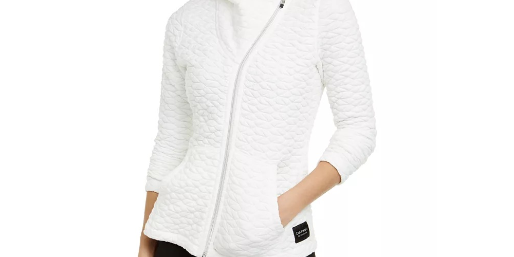 Calvin Klein Women's Jacquard Asymmetrical Zip Hooded Jacket Sand Size Large