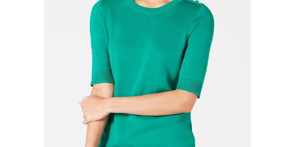 Charter Club Women's Petite Elbow-Sleeve Sweater Green Size PXL