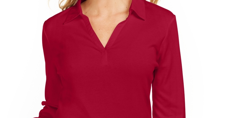 Karen Scott Women's Petite Split-Neck Point-Collar Top Red Size 44