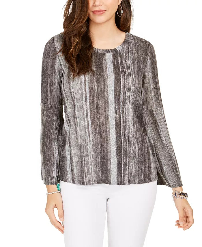 Style & Co Women's Striped Bell-Sleeve Top Black Size Large