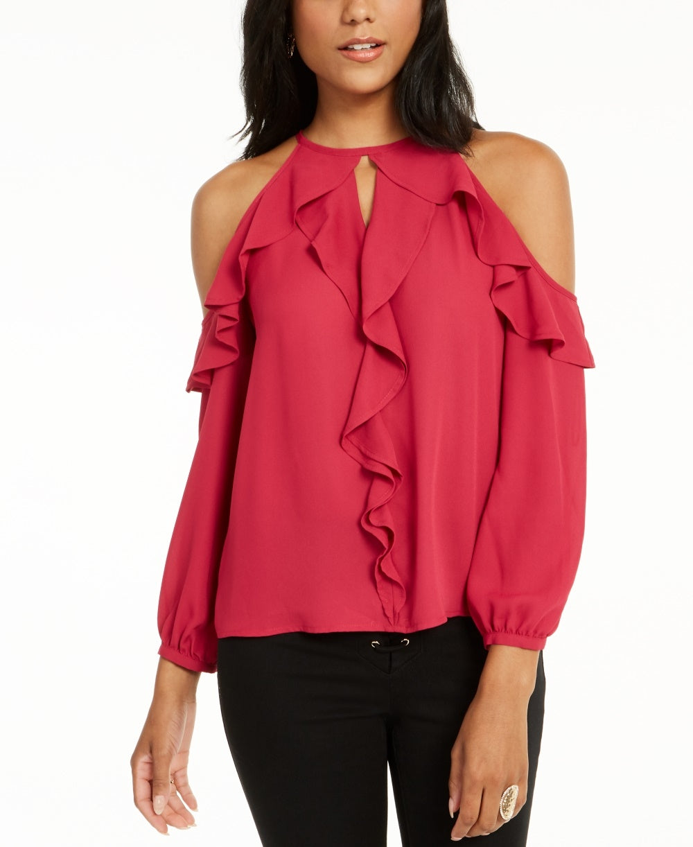 Thalia Sodi Women's Ruffle-Trim Cold-Shoulder Top Pink Size Large