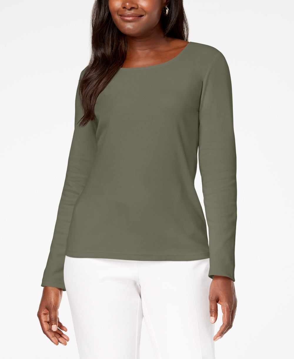 Karen Scott Women's Cotton Scoop-Neck Top Green Size X Small