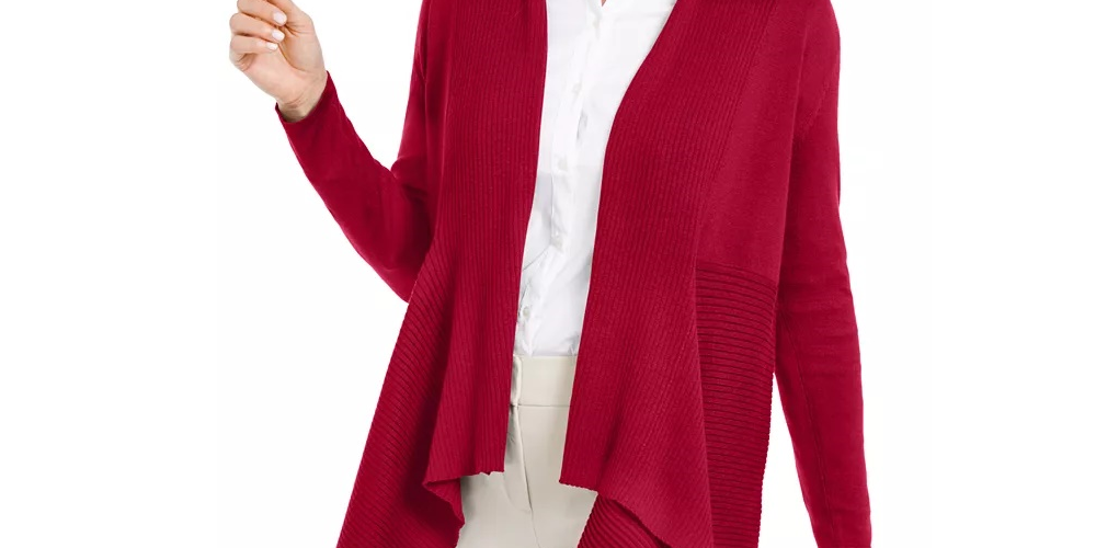 JM Collection Women's Petite Mixed-Ribbed Flyaway Cardigan Red Size PS