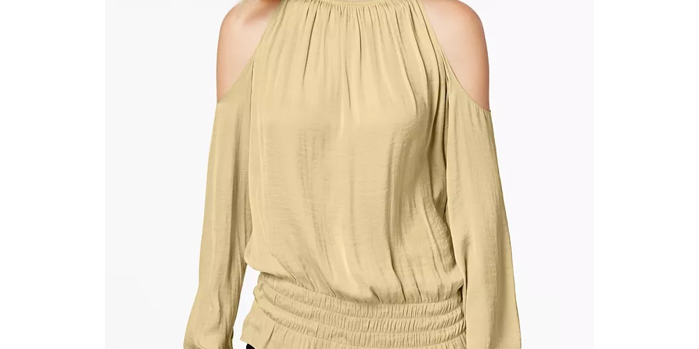 Alfani Women's Smocked Cold-Shoulder Top Yellow Size Large