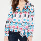 INC International Concepts Women's Petite Printed Faux-Wrap Top Pink/Black/Blue  Size PS/M