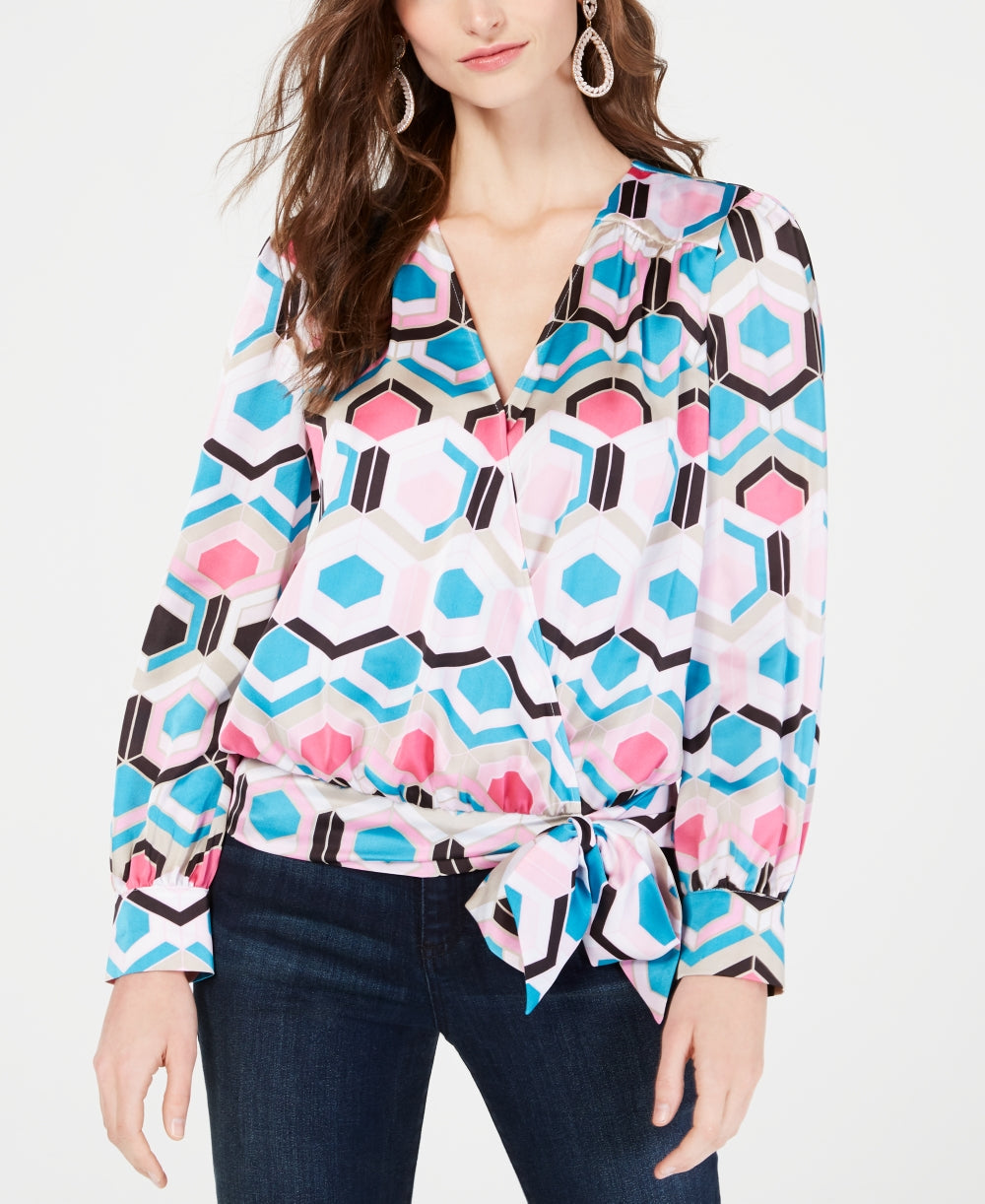 INC International Concepts Women's Petite Printed Faux-Wrap Top Pink/Black/Blue  Size PS/M