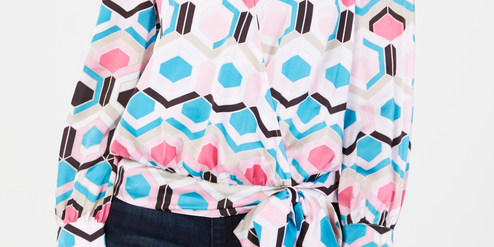 INC International Concepts Women's Petite Printed Faux-Wrap Top Pink/Black/Blue  Size PS/M