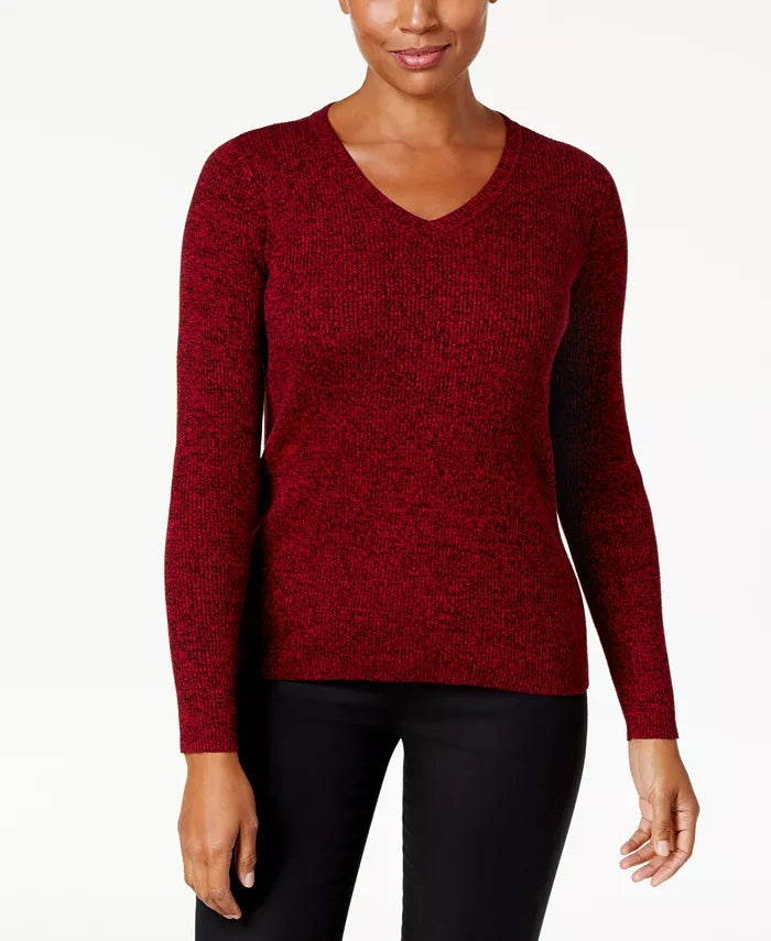 Karen Scott Women's Petite Cotton Ribbed Marled Sweater Brown Size Petite Small