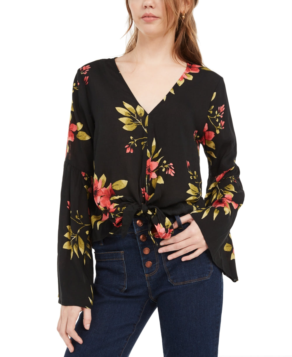 Polly & Esther Juniors' Tie-Front Bell-Sleeve Top Black Size Large