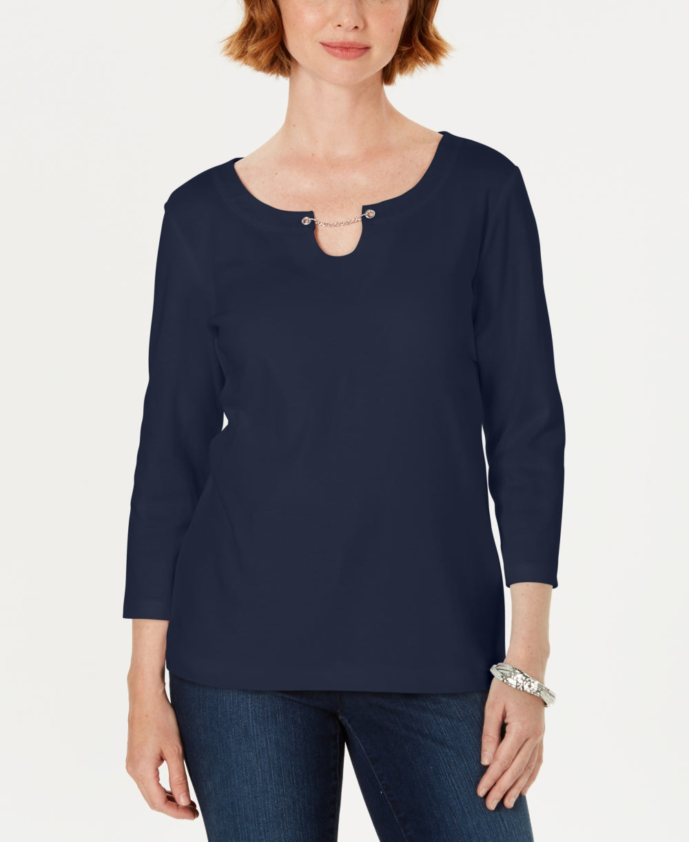 Karen Scott Women's Three-Quarter-Sleeve Top Blue Size Medium