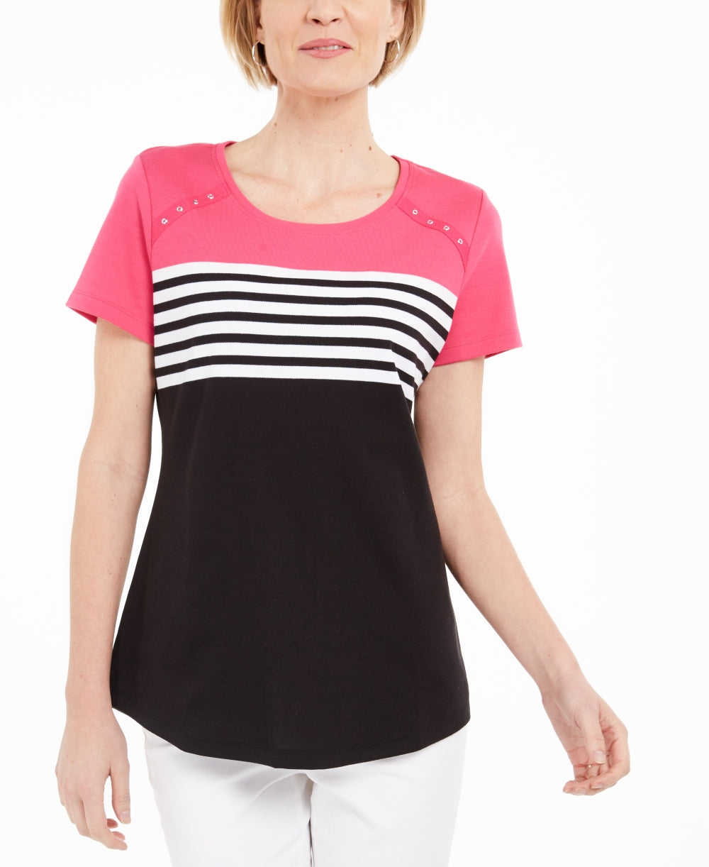 Karen Scott Women's Tara Colorblocked Stripes Rivet Top Pink Size Small