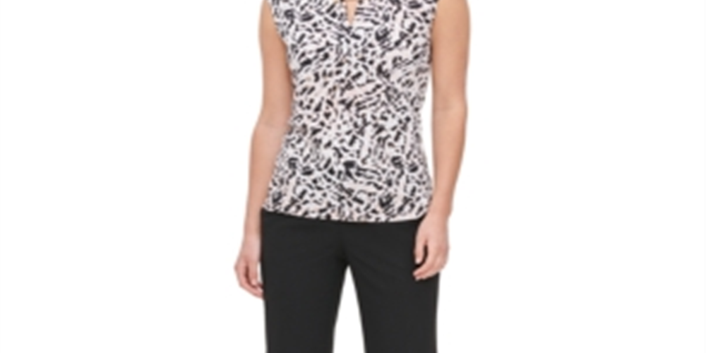 Calvin Klein Women's Animal Print Split Neck Blouse Pink Size XL