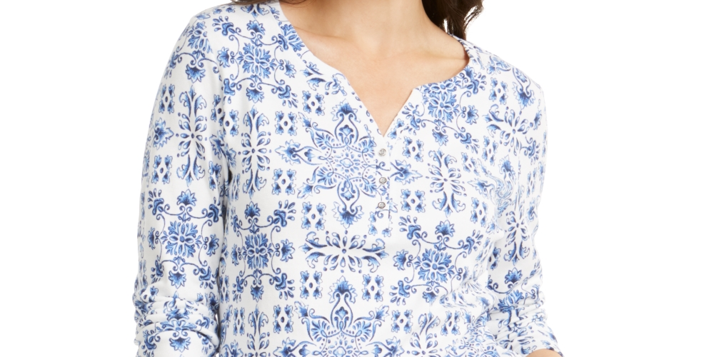 Karen Scott Women's Tile-Print Top Blue Size Small