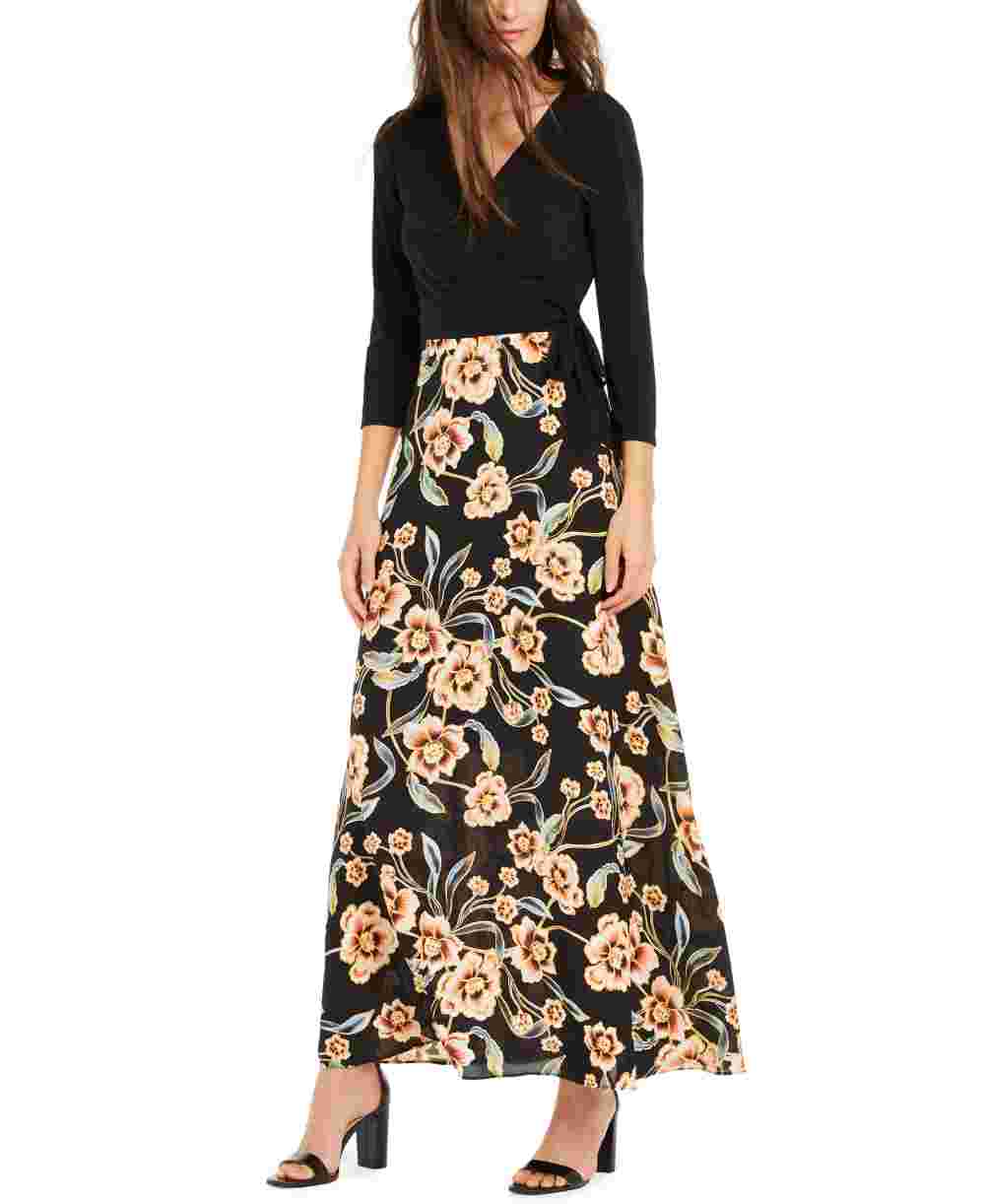 INC International Concepts Women's Tie-Side Printed-Skirt Dress Black Size 14