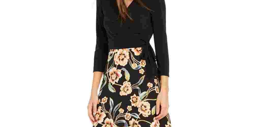 INC International Concepts Women's Tie-Side Printed-Skirt Dress Black Size 14