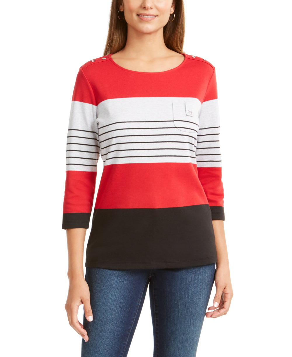 Karen Scott Women's Sport Colorblocked Button-Shoulder Top Red Size X-Small