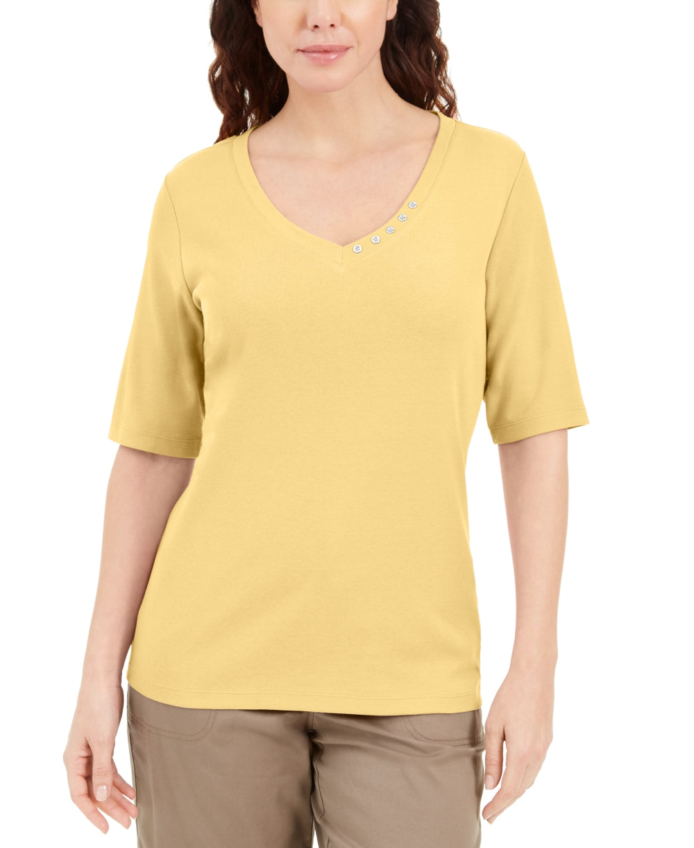 Karen Scott Women's Button-Detail V-Neck Top Yellow Size Small