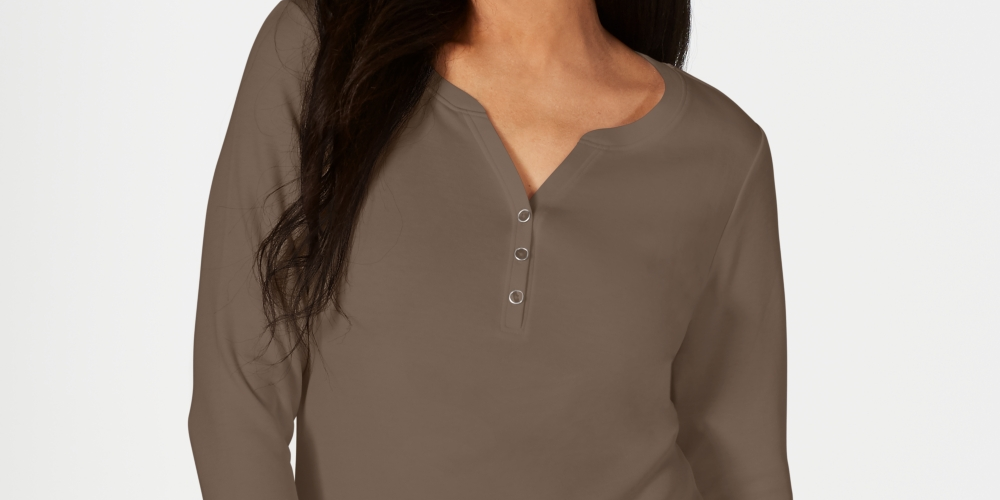 Karen Scott Women's Cotton Henley Top Brown Size X-Small