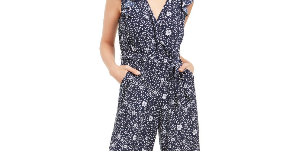 Charter Club Women's Printed Belted Jumpsuit Blue Size 12