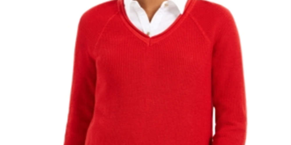 Charter Club Women's Solid Long Sleeve V Neck T-Shirt Top Red Size X-Large