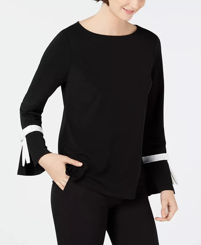 Charter Club Women's Petite Tie-Detail Crepe Top Black Size Medium