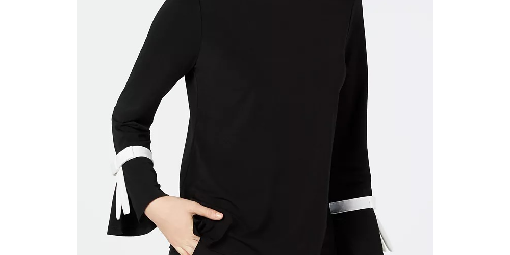Charter Club Women's Petite Tie-Detail Crepe Top Black Size Medium