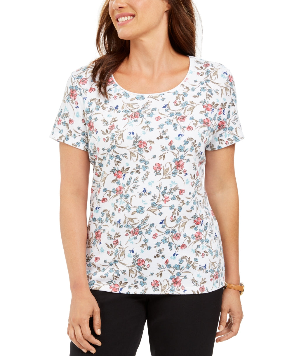 Karen Scott Women's Floral-Print T-Shirt White Size Small