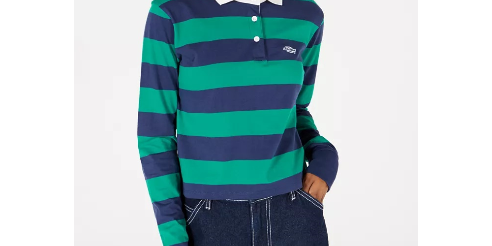 Dickies Women's Stripe Crop Rugby Shirt Green Size Small