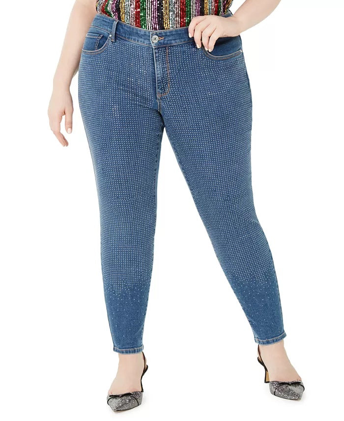 INC International Concepts Women's Plus Polka Dot Skinny Jeans Blue Size 14W