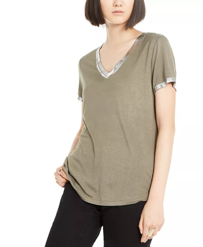 INC International Concepts Women's Turquoise Textured Shiny Short Sleeve V Neck T-Shirt Green Size Small