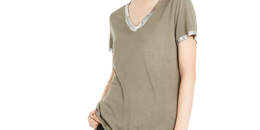 INC International Concepts Women's Turquoise Textured Shiny Short Sleeve V Neck T-Shirt Green Size Small