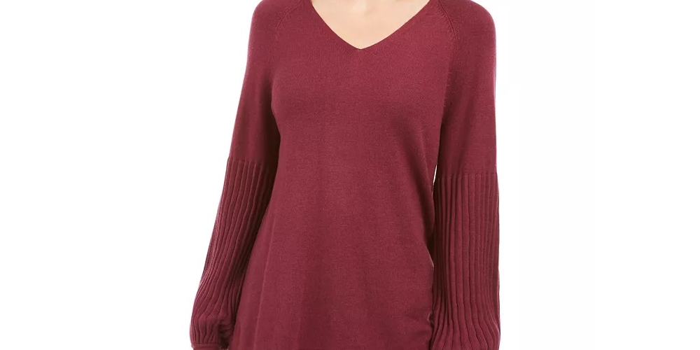 Style & Co Women's Petite Bishop-Sleeve Tunic Sweater Red Size PL