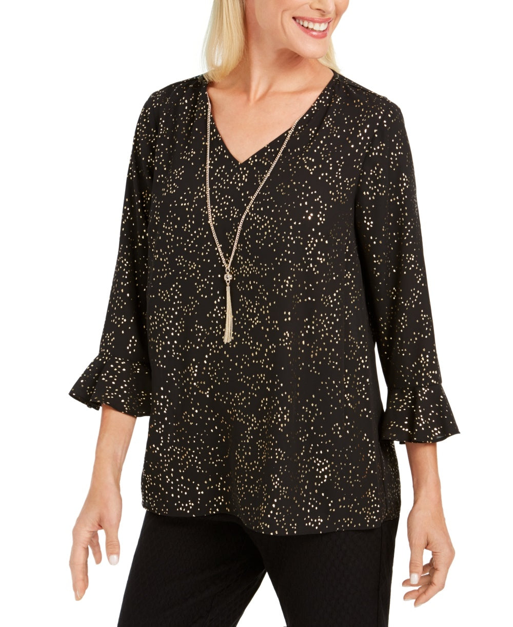 JM Collection Foil Print Necklace Top Black Size X-Small