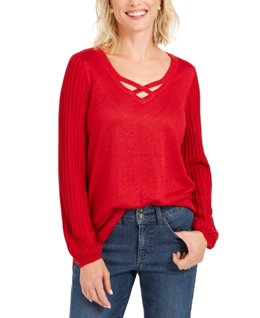 JM Collection Women's Lurex Lattice-Neck Blouse Red Size X-Small