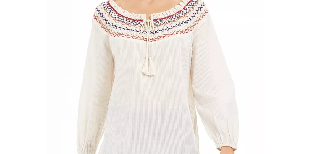 Style & Co Women's Petite Embroidered Smocked-Neck Cotton Top White Size PP
