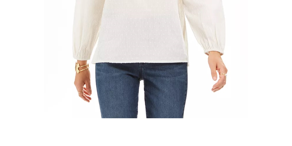 Style & Co Women's Petite Embroidered Smocked-Neck Cotton Top White Size PP