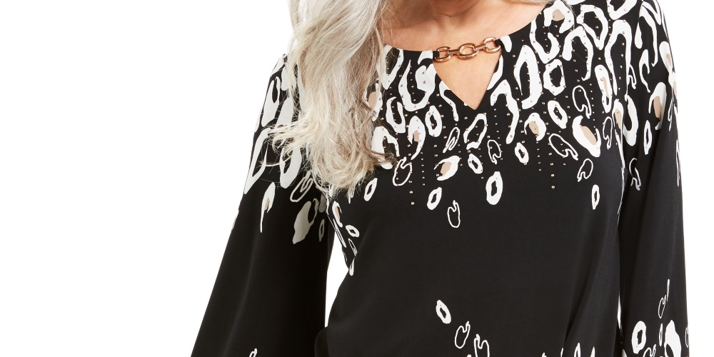 JM Collection Women's Petite Printed Keyhole Tunic Black Size PL