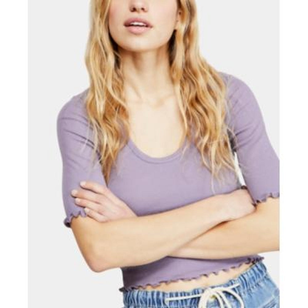 Free People Women's Scalloped Scoop Neck Crop Top Gray Size Large