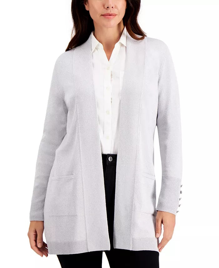 JM Collection Women's Petite Button Sleeve Flyaway Cardigan Gray Size Petite Small